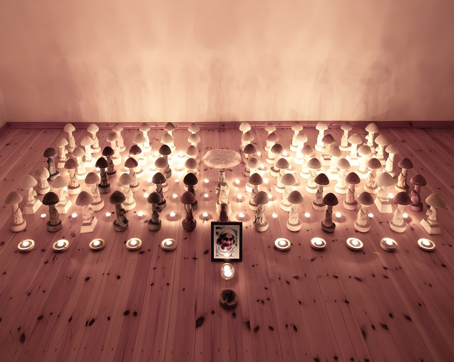 Installation of mushroom sculptures and candles arranged around a framed portrait